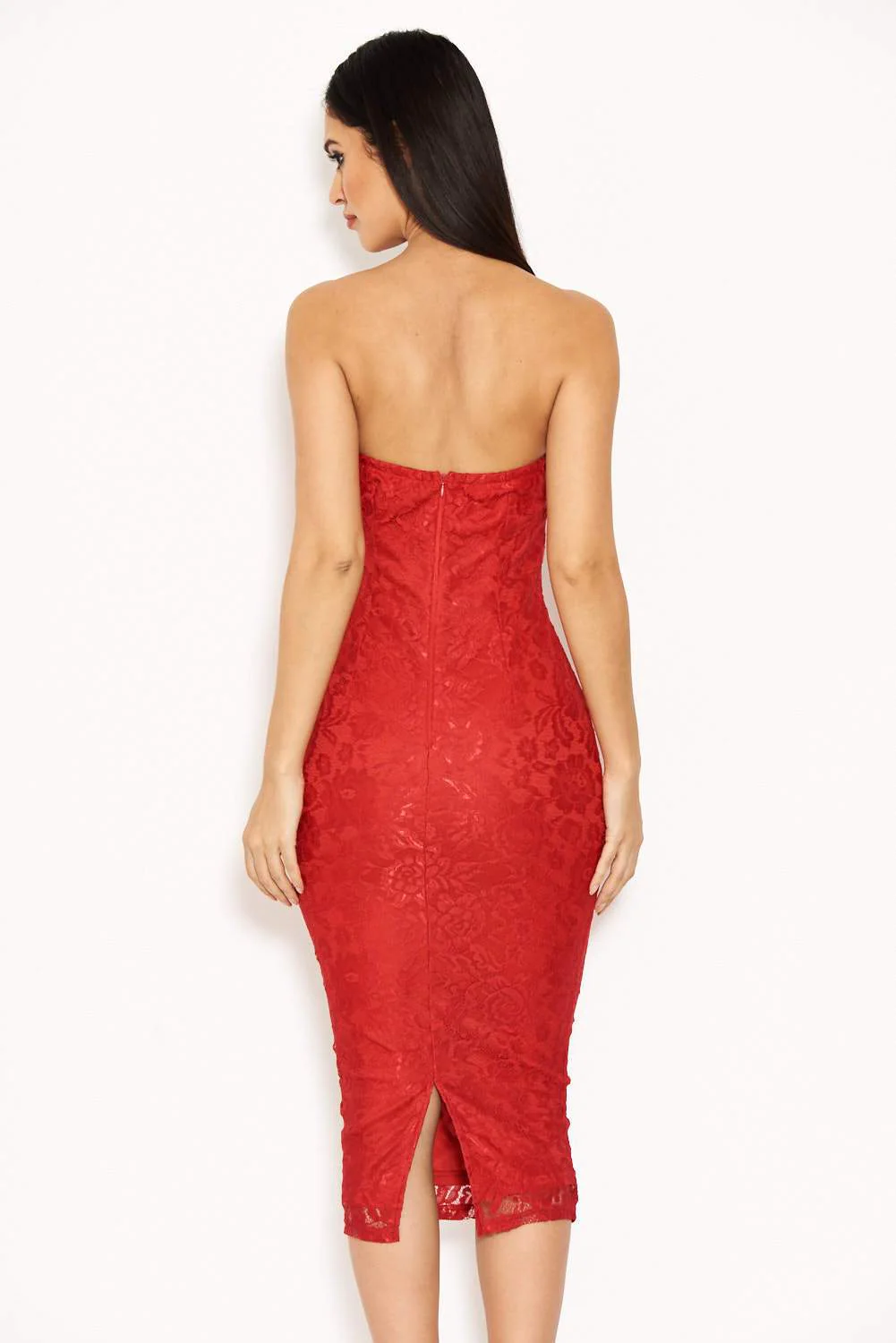 Red Lace Notch Front Midi Dress - Image 3
