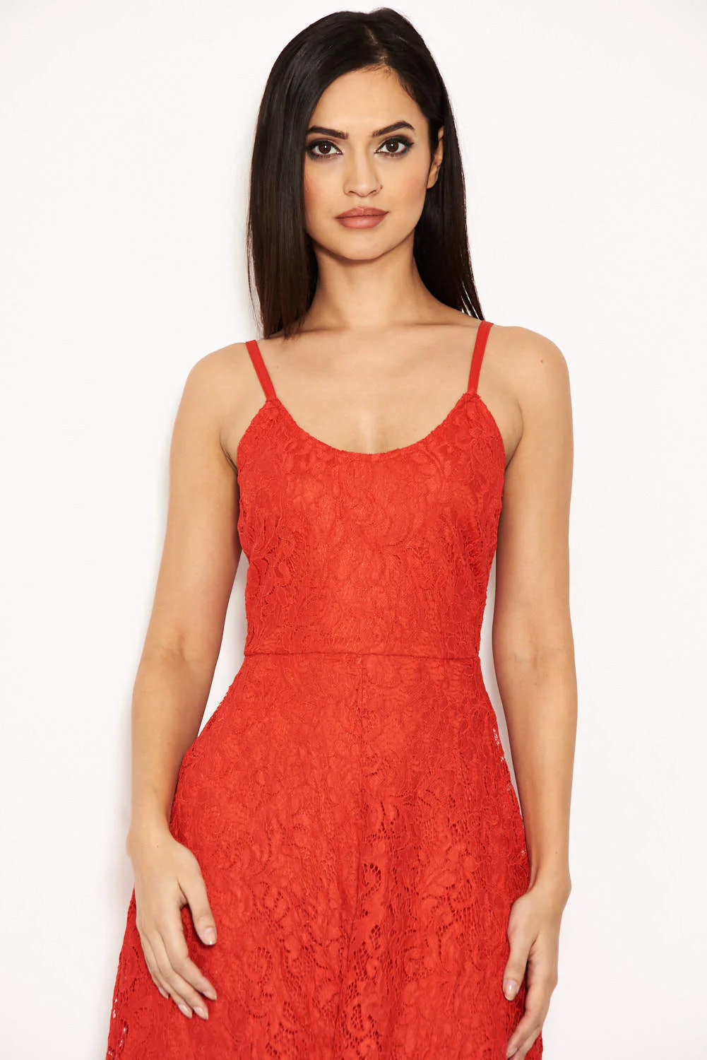 Red Lace Strappy Waterfall Front Dress - Image 5