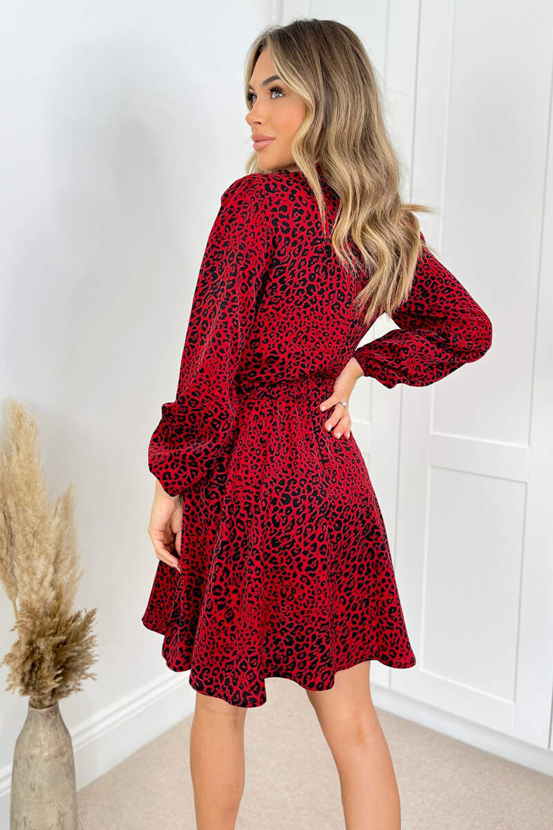Red Leopard Print Gold Belted Skater Dress - Image 5
