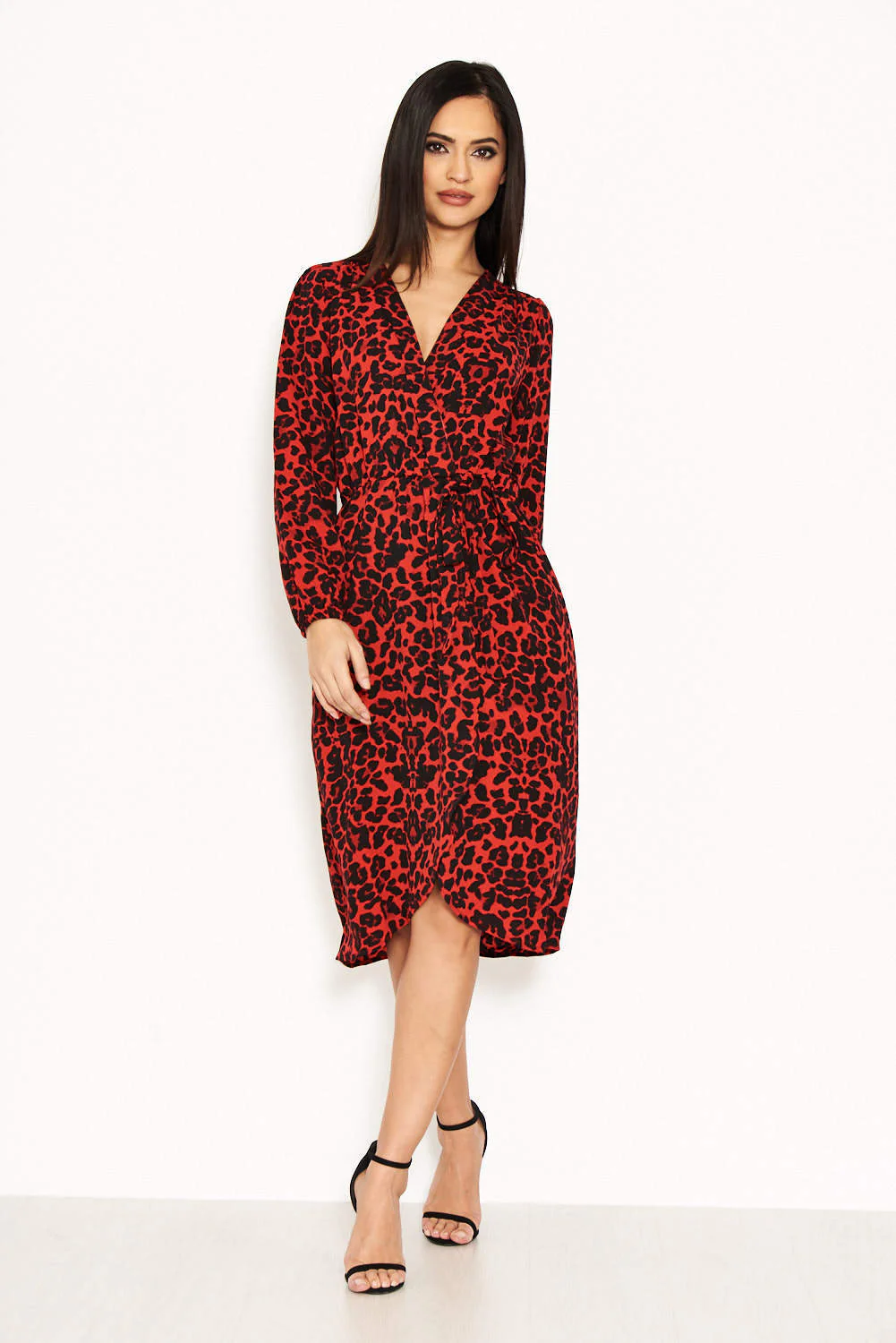 Red Leopard Print V-Neck Wrap Dress - Image 2