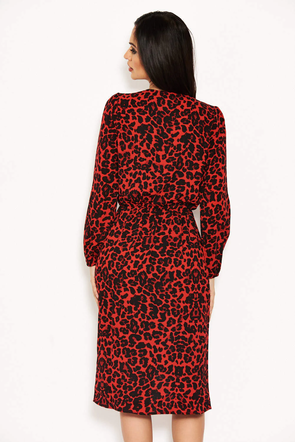 Red Leopard Print V-Neck Wrap Dress - Image 3