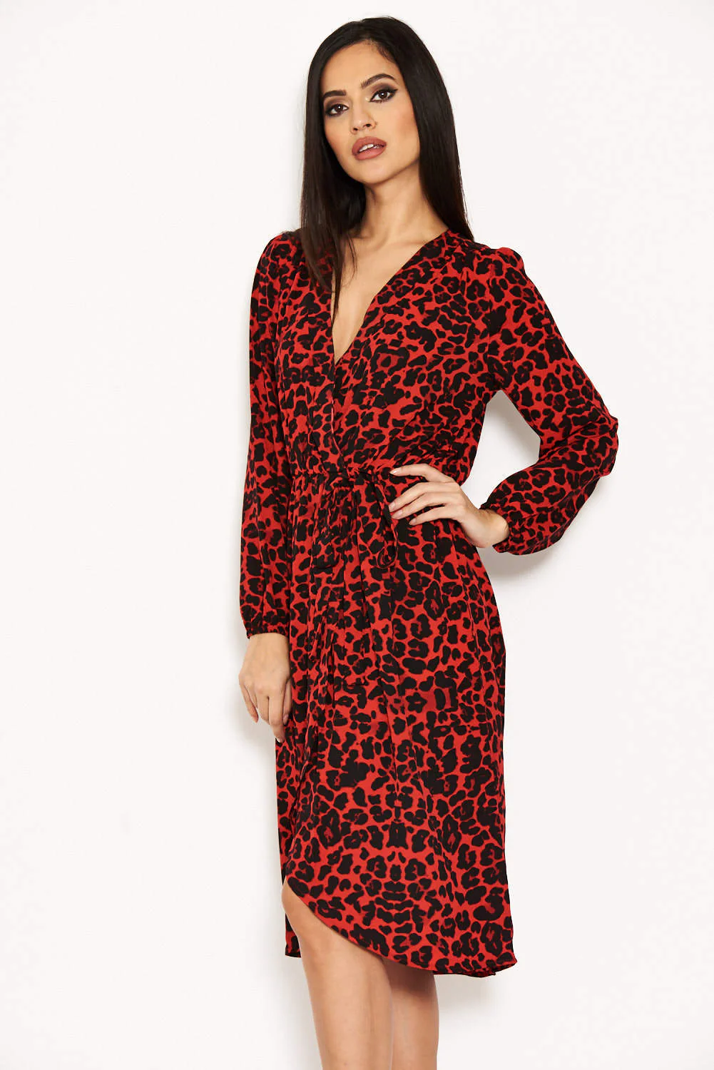 Red Leopard Print V-Neck Wrap Dress - Image 4