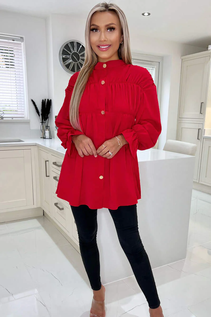 Red Long Sleeve Gathered Detail Button Up Top - Image 2