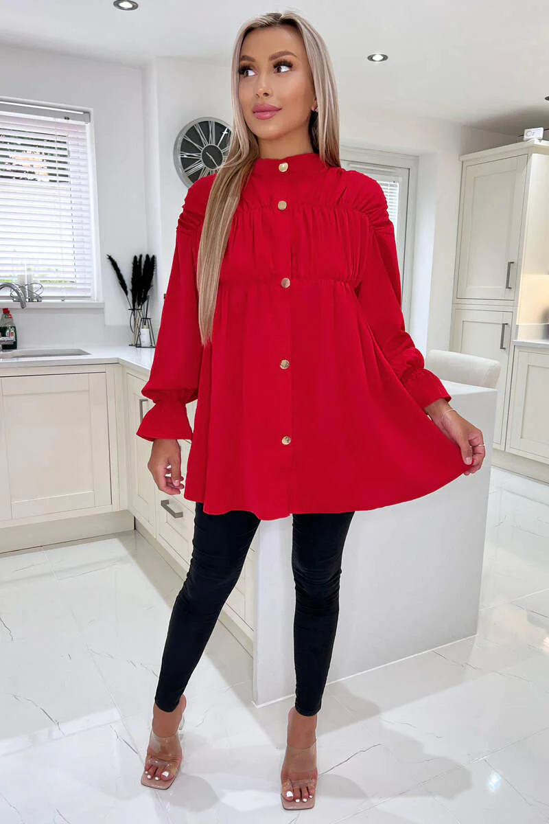 Red Long Sleeve Gathered Detail Button Up Top - Image 3