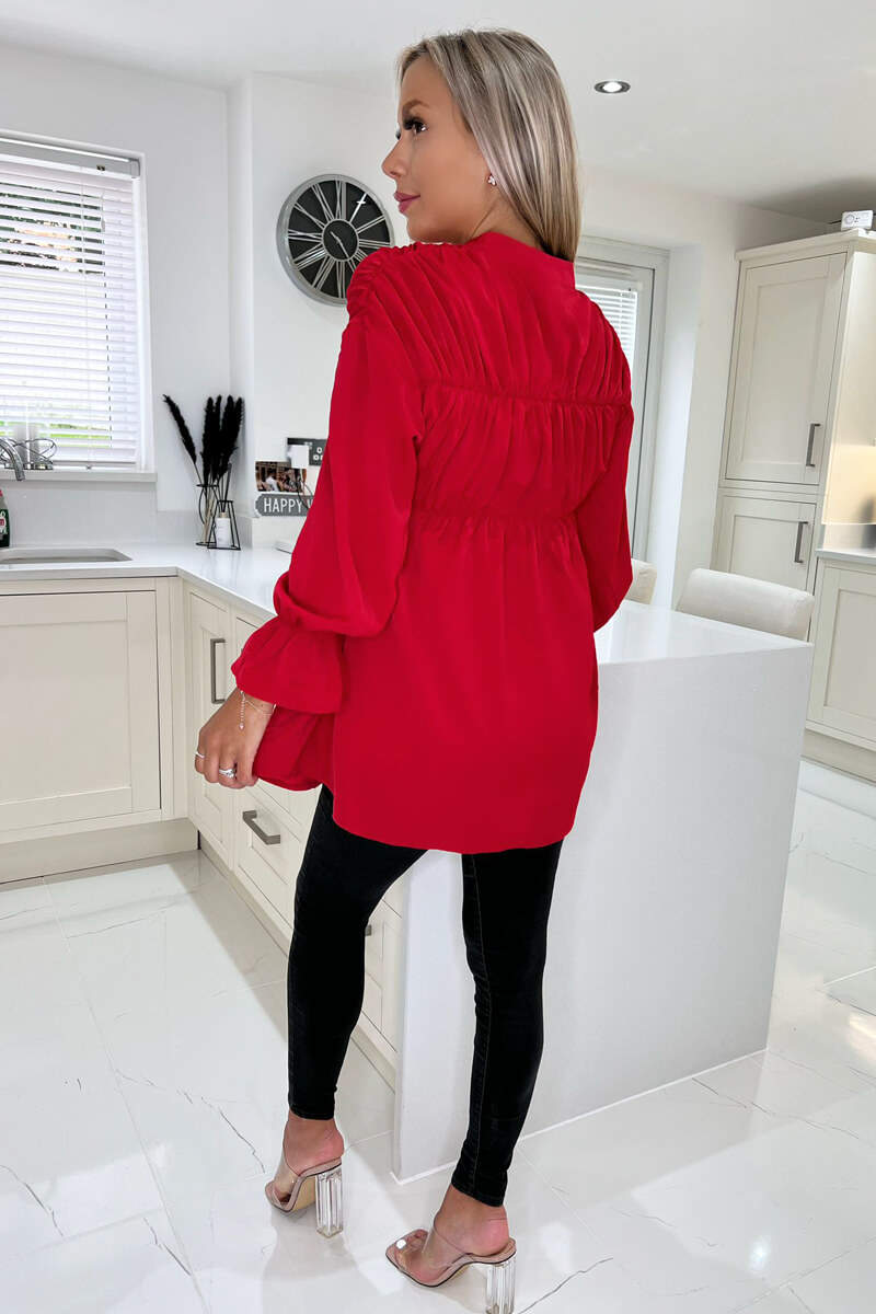 Red Long Sleeve Gathered Detail Button Up Top - Image 4