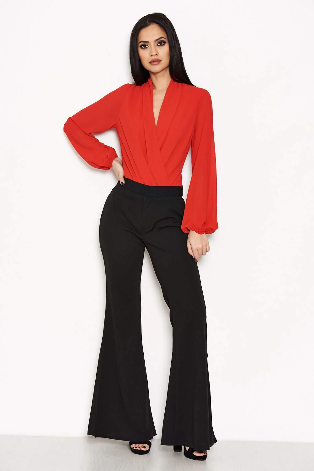 Red Mesh Detail Sleeved Bodysuit - Image 2