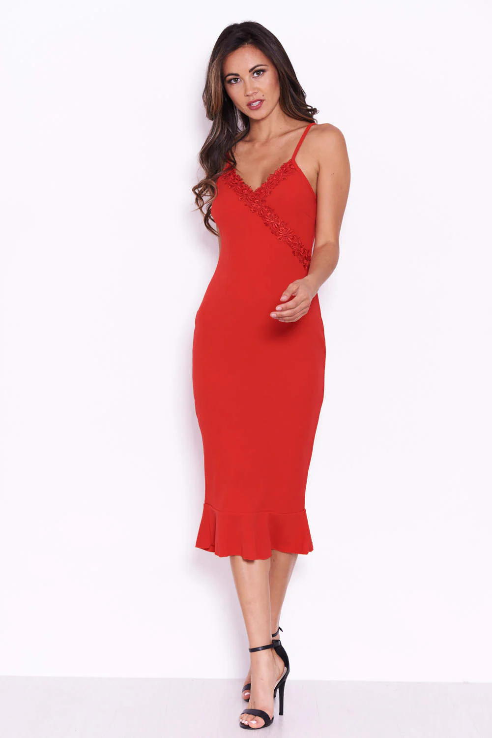 Red Midi Dress With Frill Hem And Floral Crochet Detail - Image 2