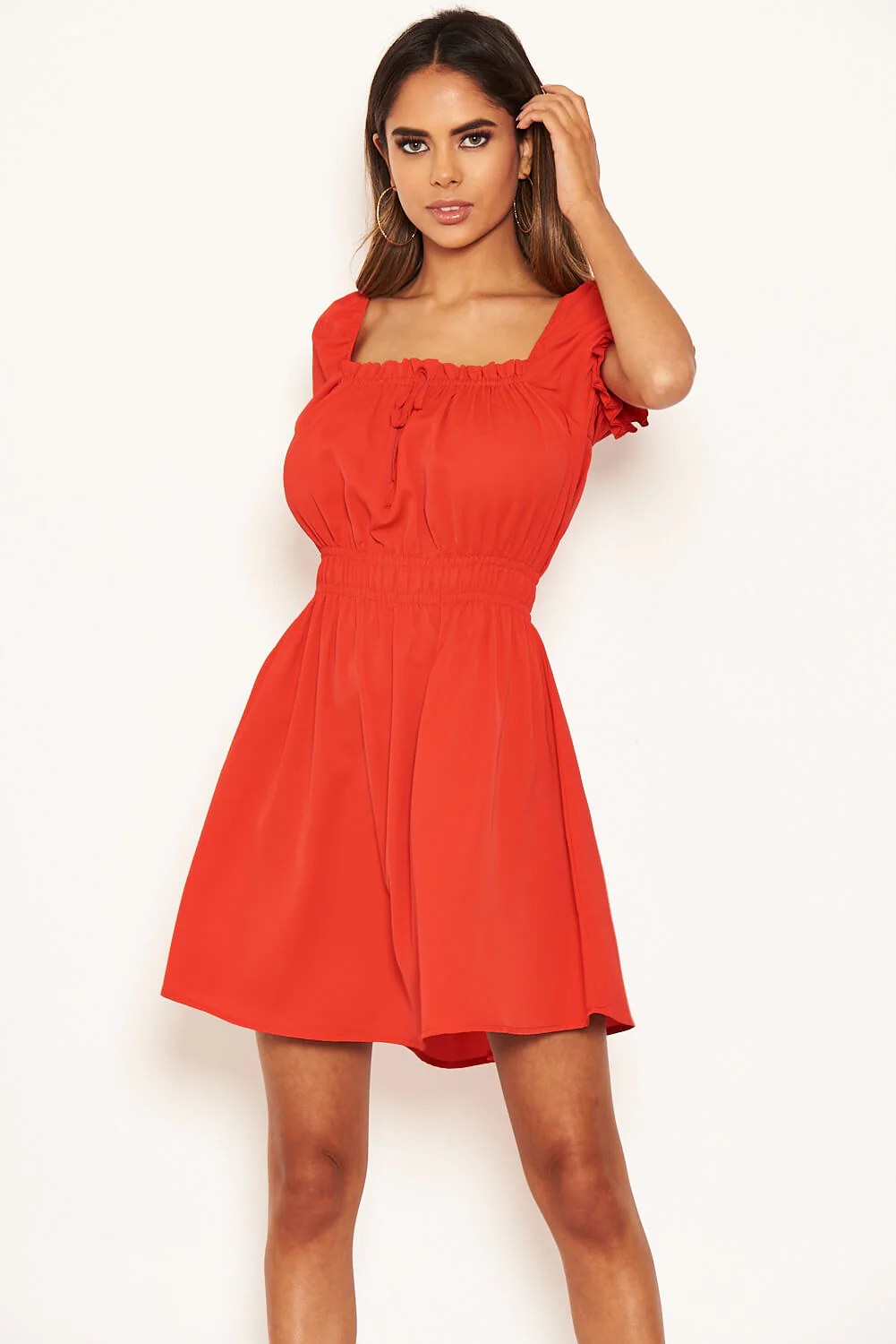 Red Milkmaid Neck Frill Dress - Image 3