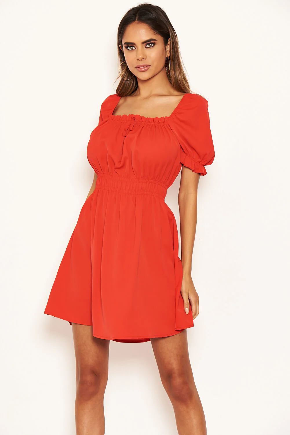 Red Milkmaid Neck Frill Dress - Image 5