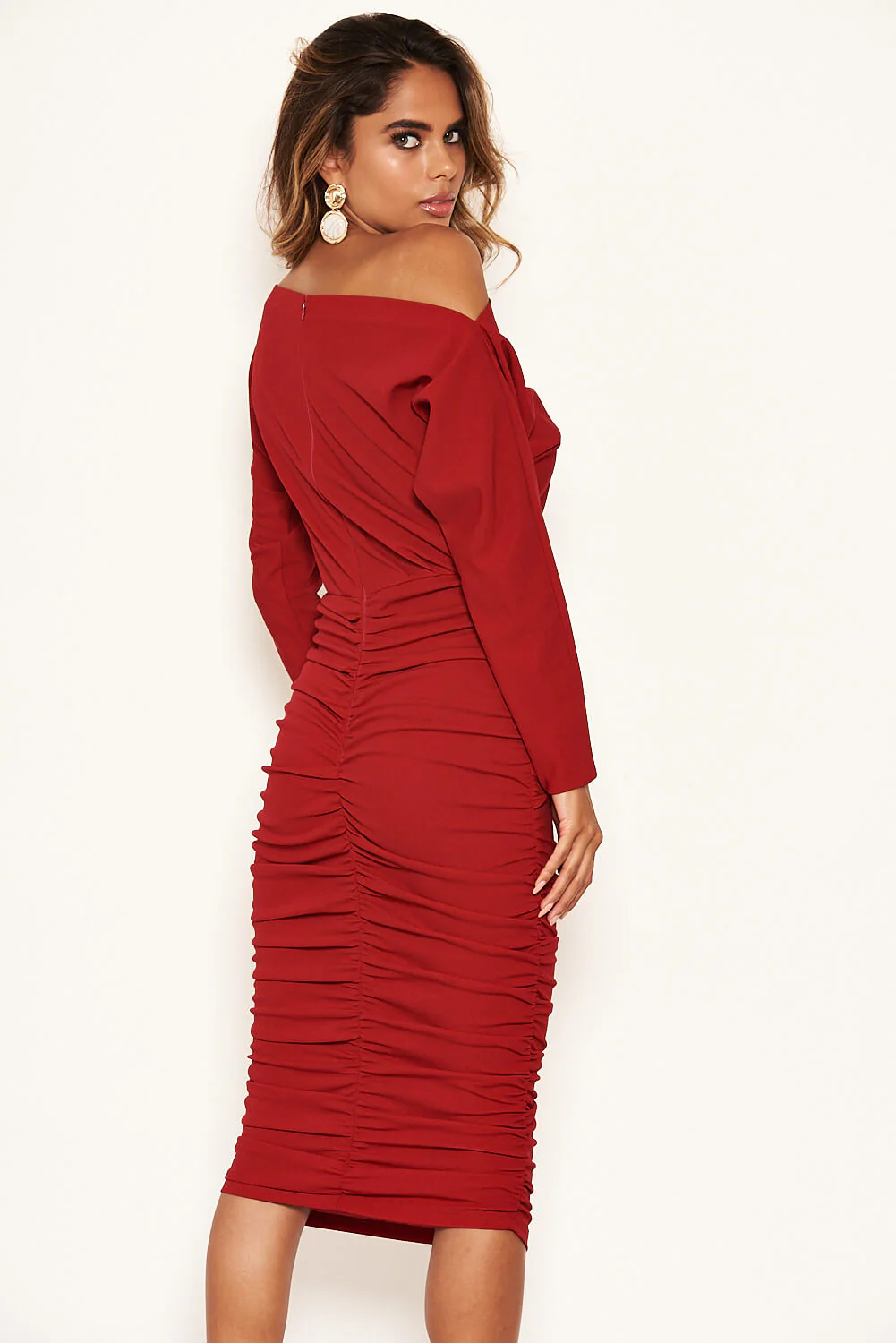 Red Off Shoulder Ruched Dress - Image 3