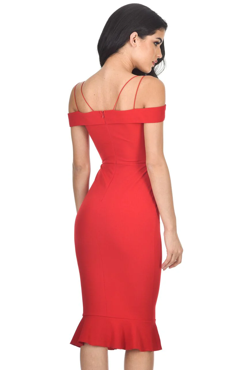 Red Off The Shoulder Fishtail Dress - Image 3