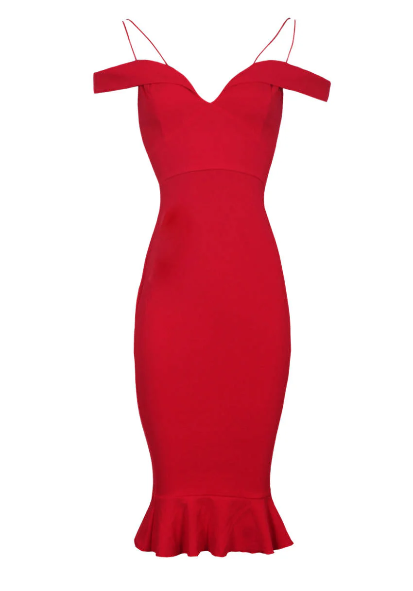 Red Off The Shoulder Fishtail Dress - Image 4
