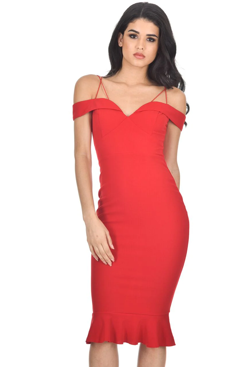 Red Off The Shoulder Fishtail Dress - Image 5