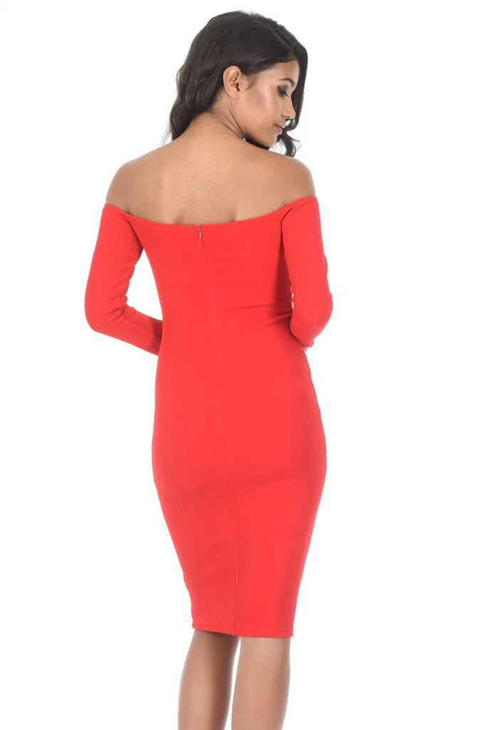 Red Off The Shoulder Midi Dress - Image 3
