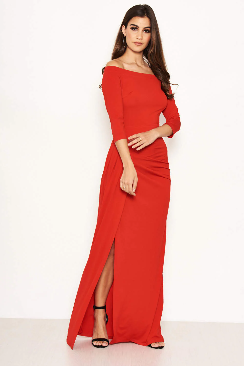 Red Off The Shoulder Slit Maxi Dress - Image 2