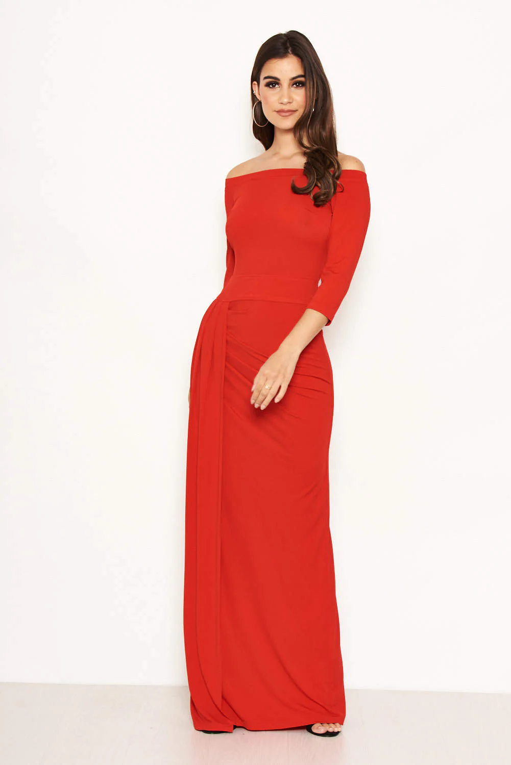 Red Off The Shoulder Slit Maxi Dress - Image 4