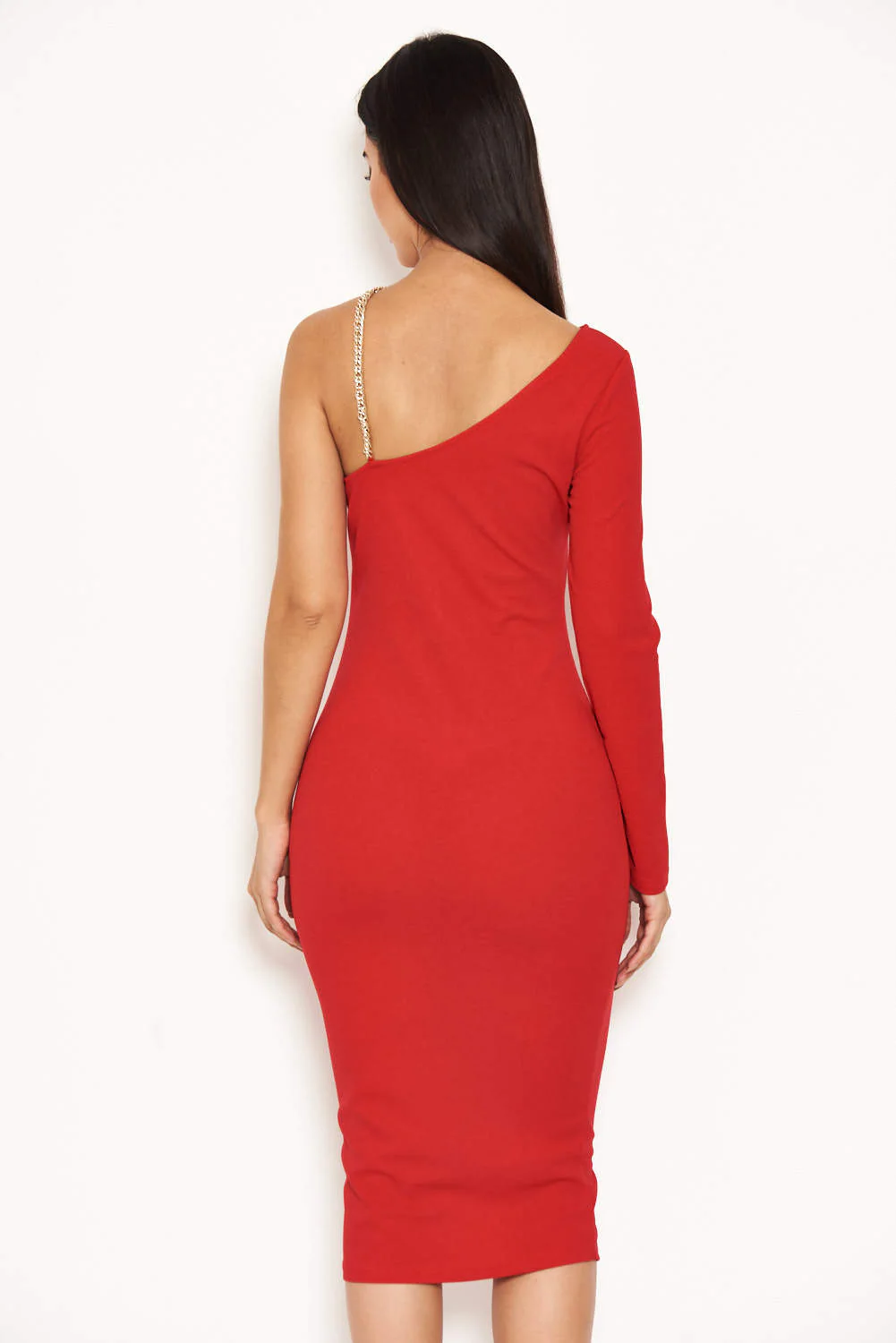 Red One Shoulder Dress With Chain Detail - Image 3
