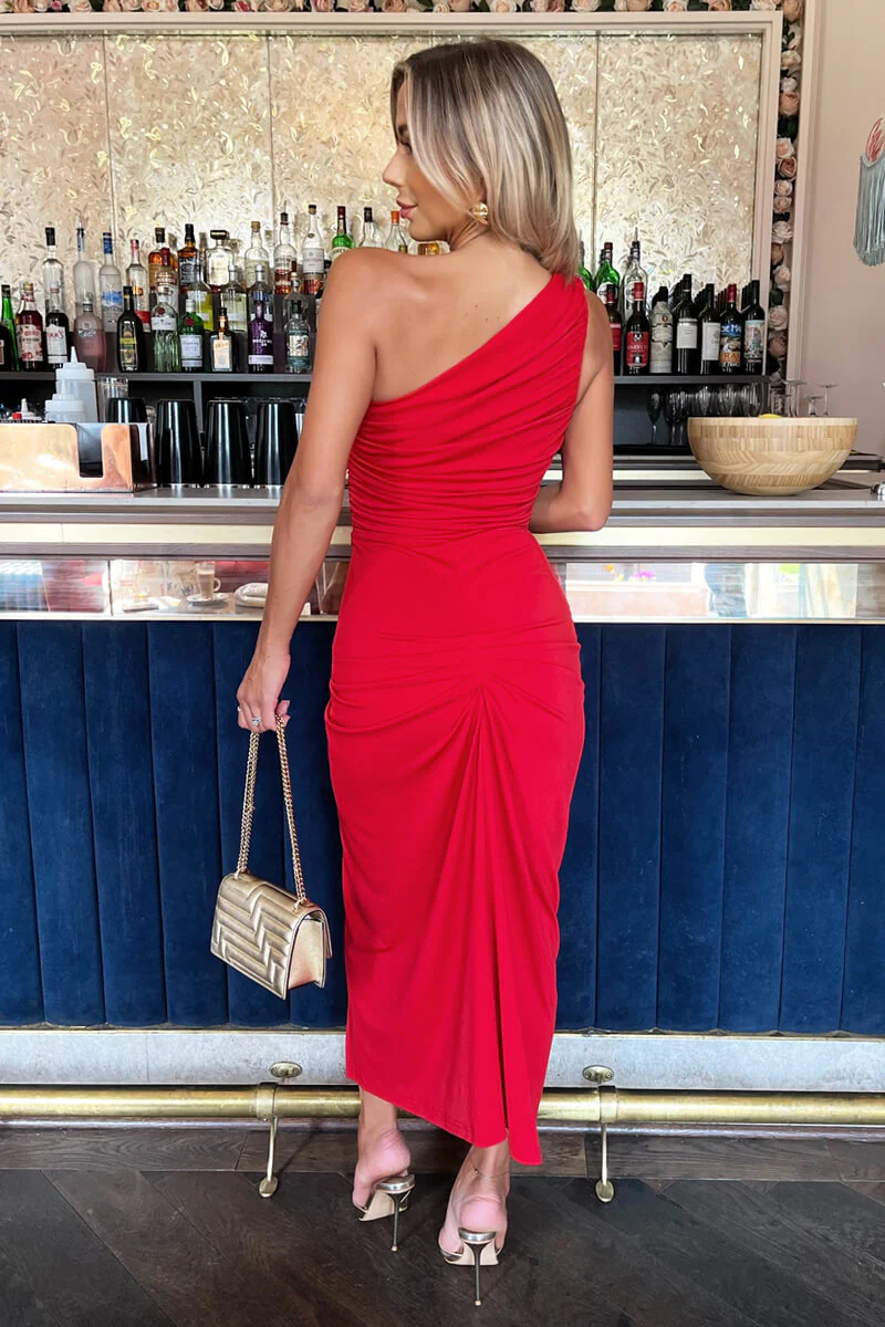 Red One Shoulder Knot Skirt Midi Dress - Image 4