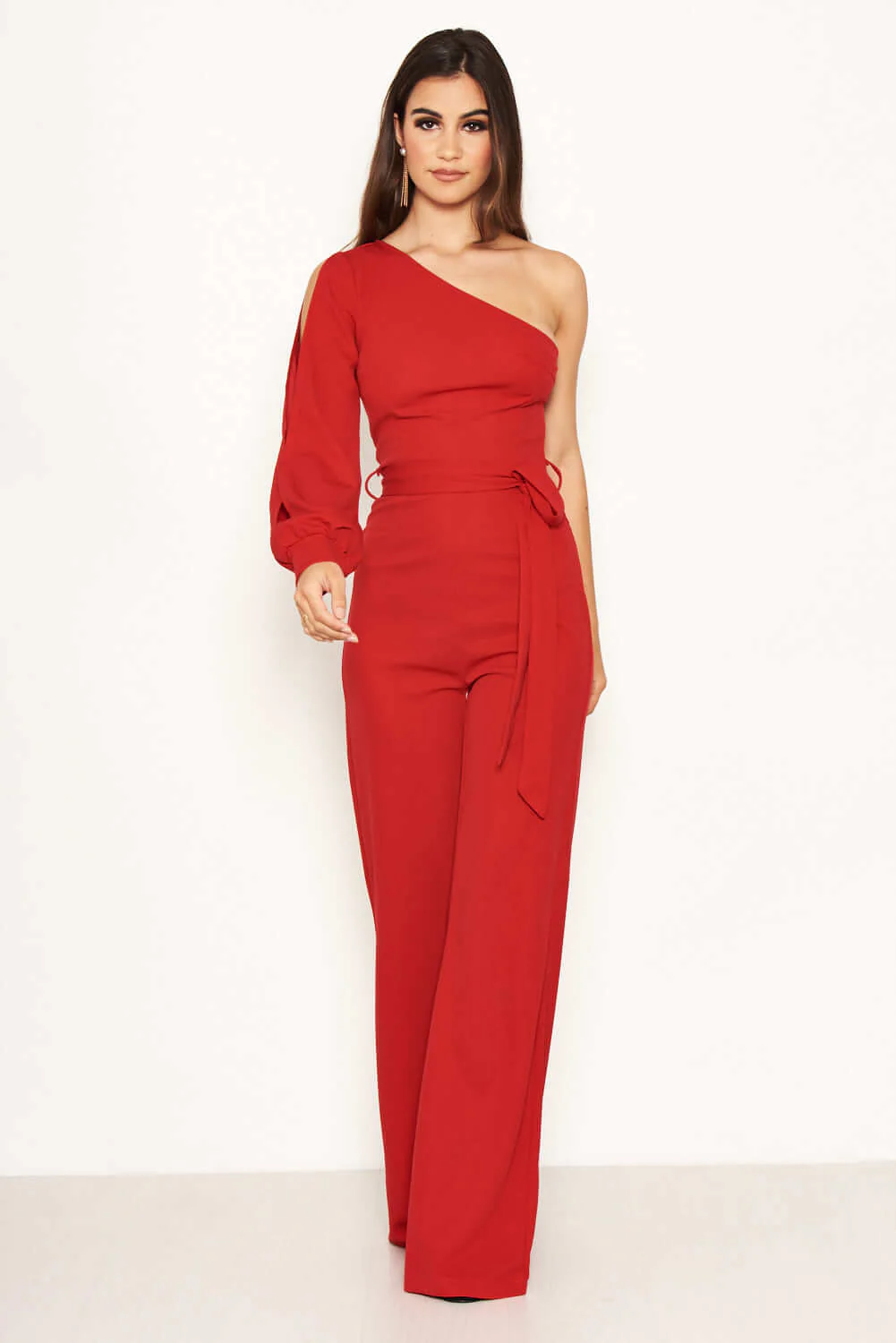 Red One Shoulder Split Sleeve Jumpsuit - Image 2