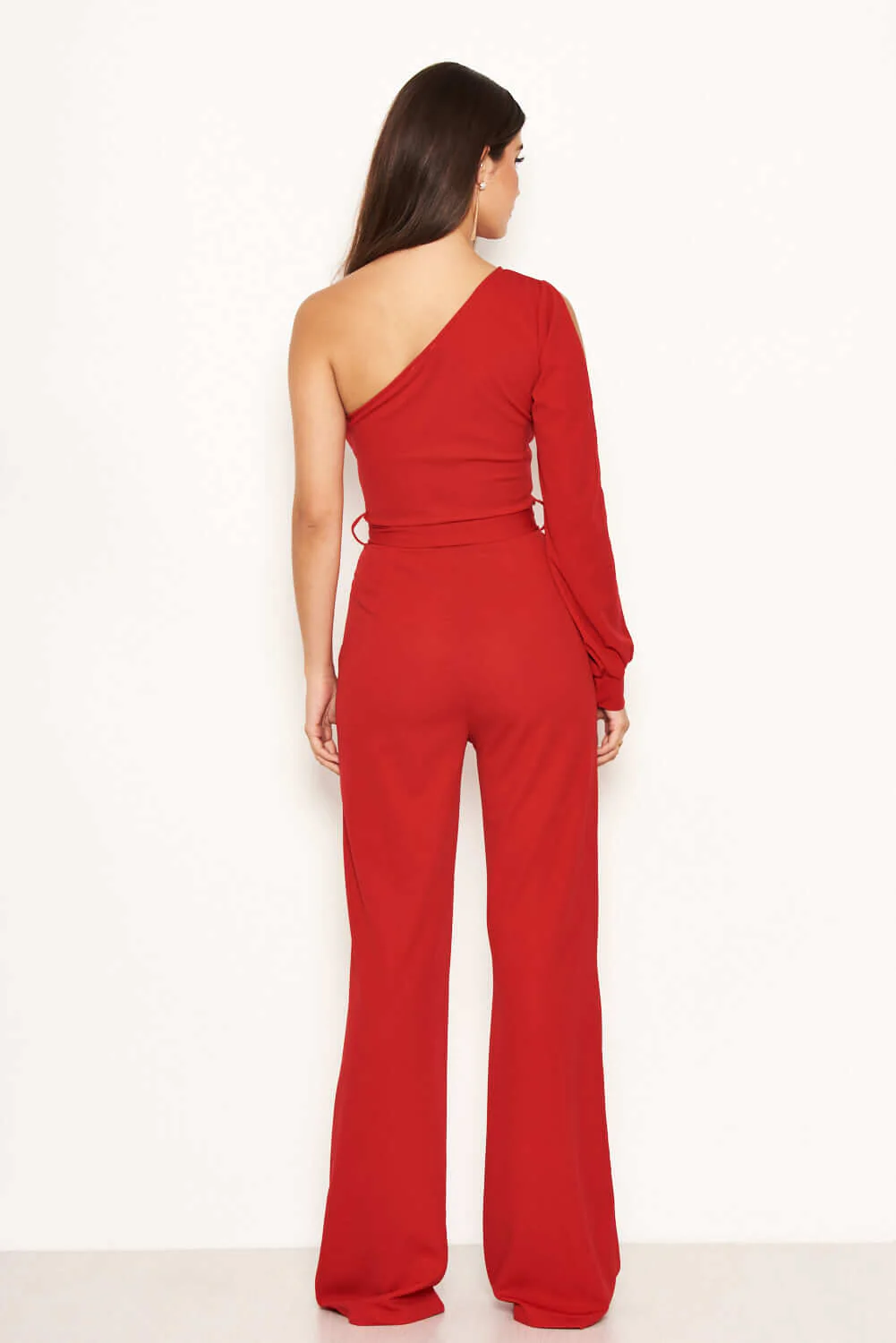 Red One Shoulder Split Sleeve Jumpsuit - Image 3