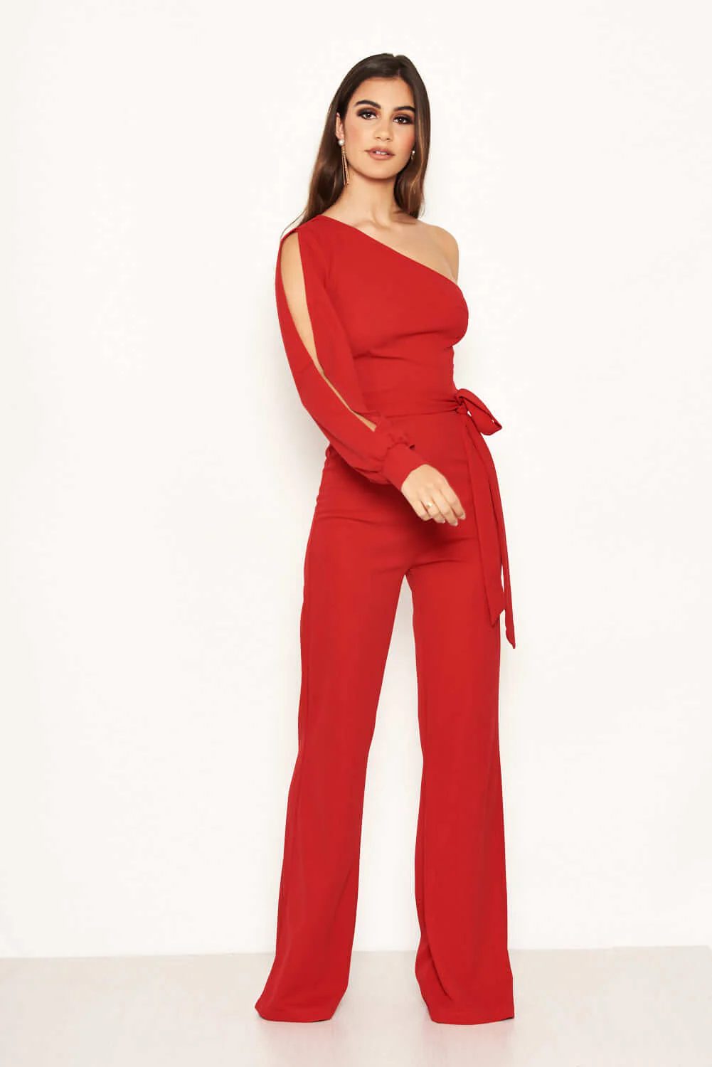 Red One Shoulder Split Sleeve Jumpsuit - Image 4
