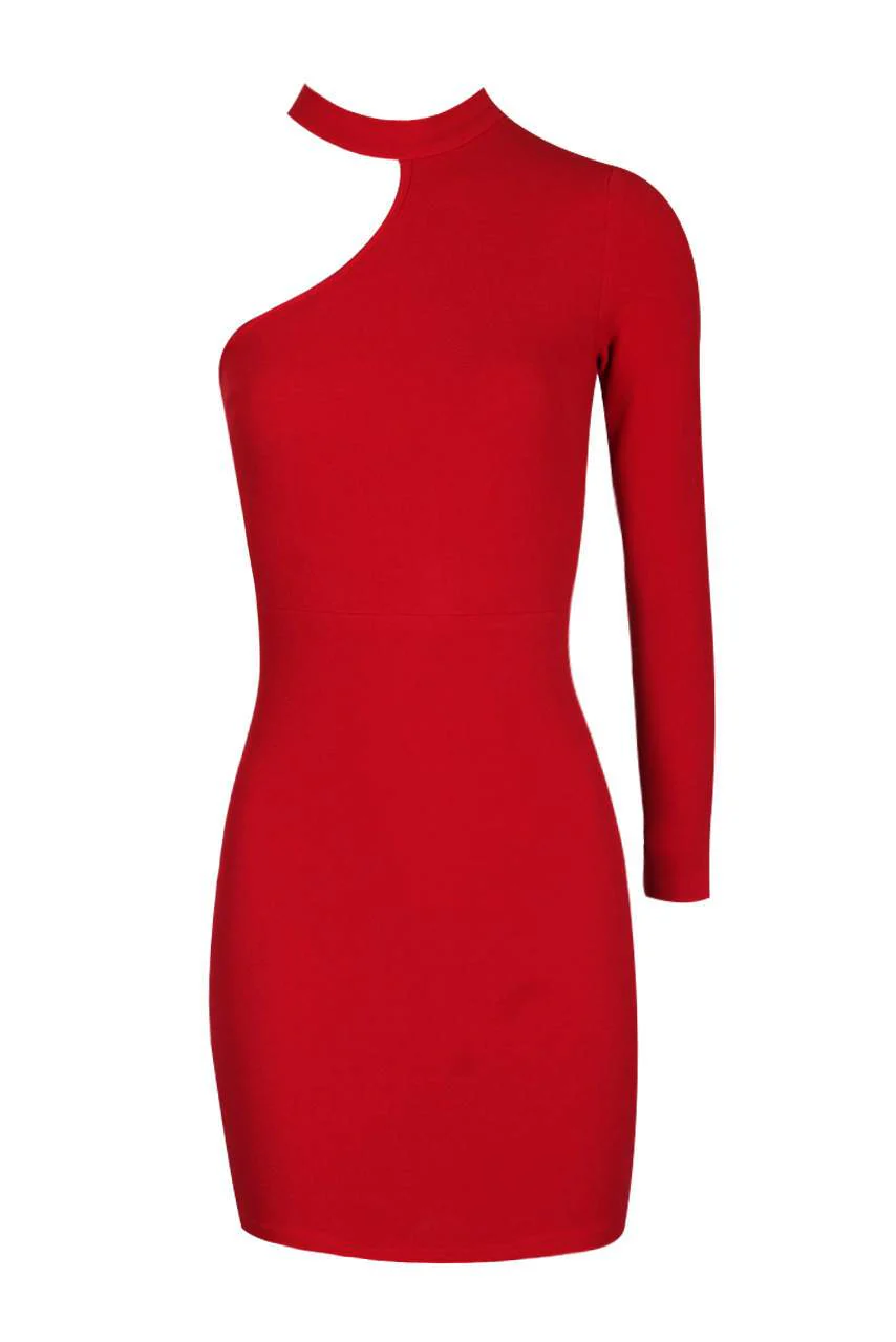 Red One Sleeve Choker Bodycon Dress - Image 4