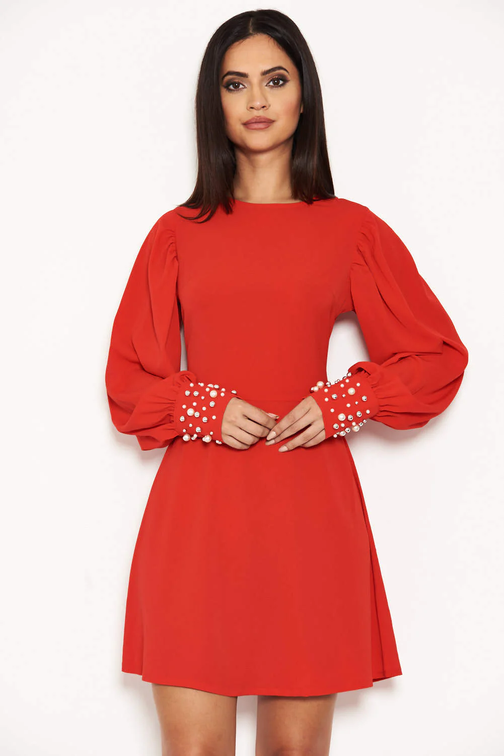 Red Pearl Detailed Mini Dress - Image 4
