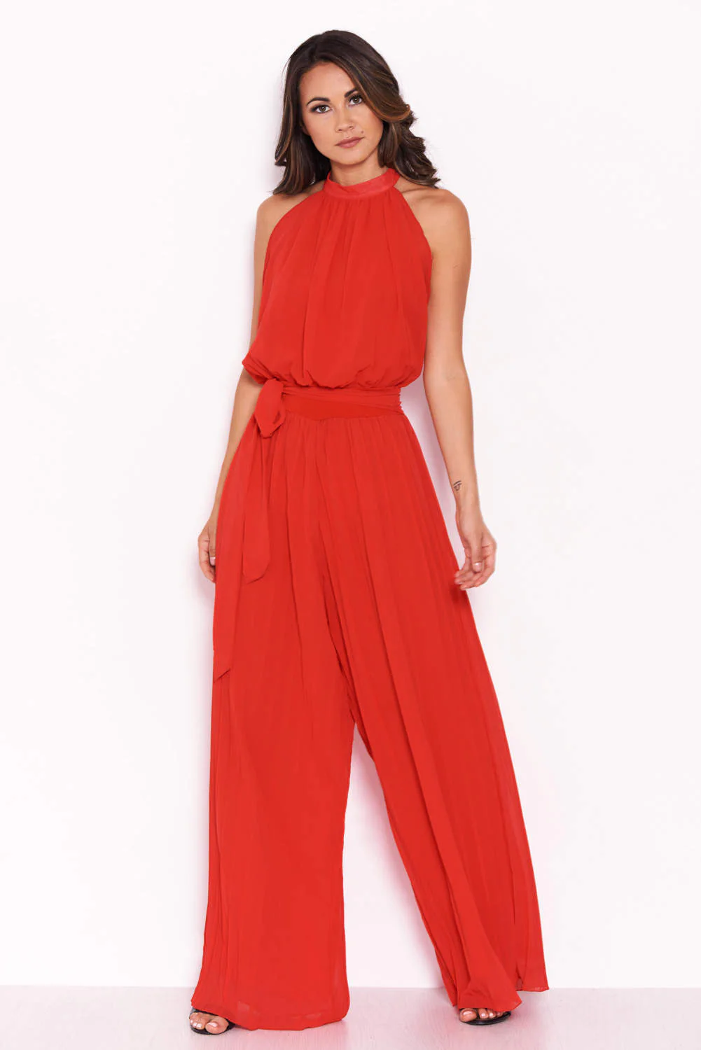Red Pleated Choker Neck Jumpsuit - Image 3