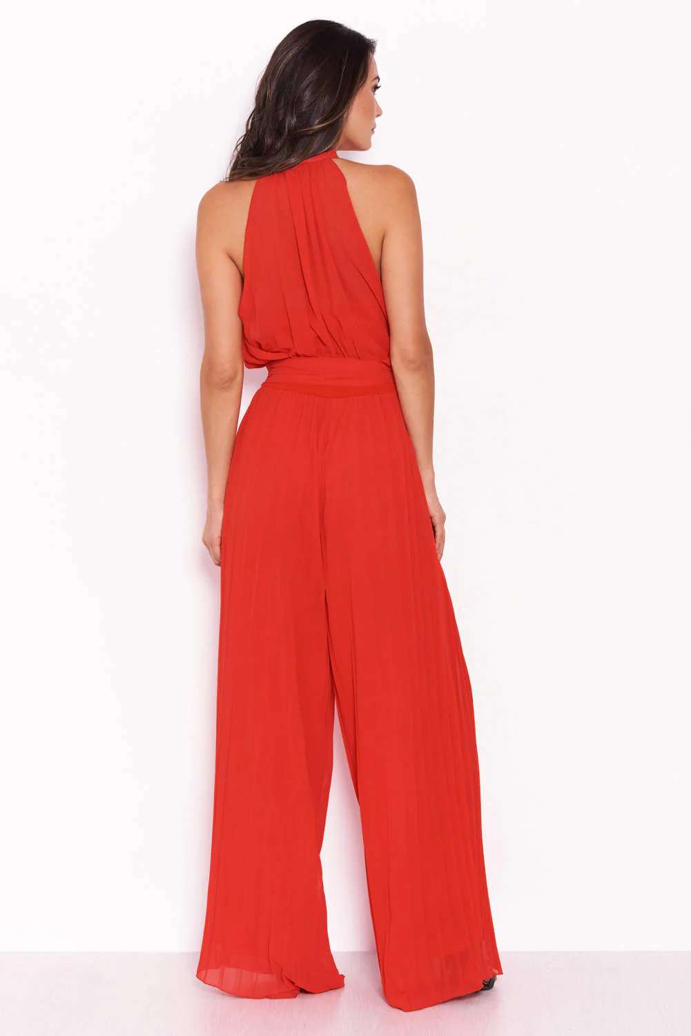 Red Pleated Choker Neck Jumpsuit - Image 4