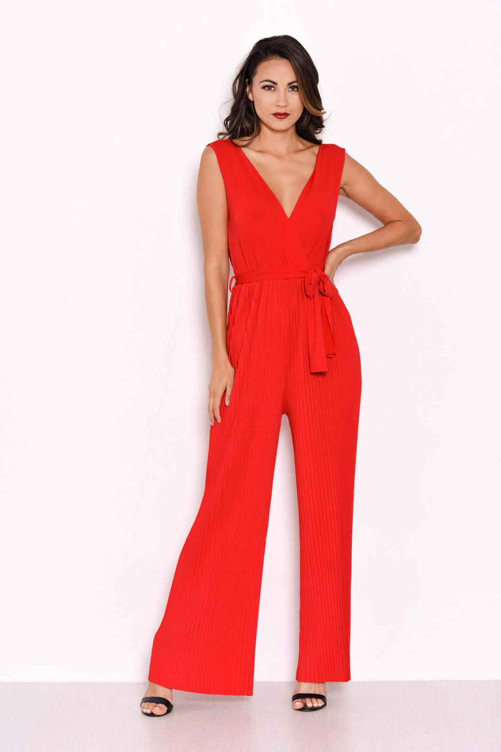 Red Pleated Tie-Waist Jumpsuit - Image 2