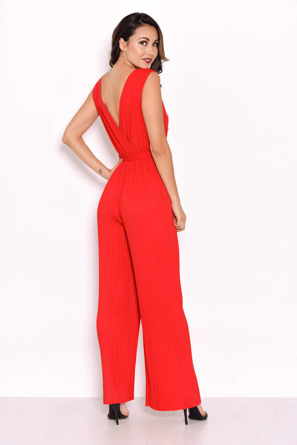 Red Pleated Tie-Waist Jumpsuit - Image 3