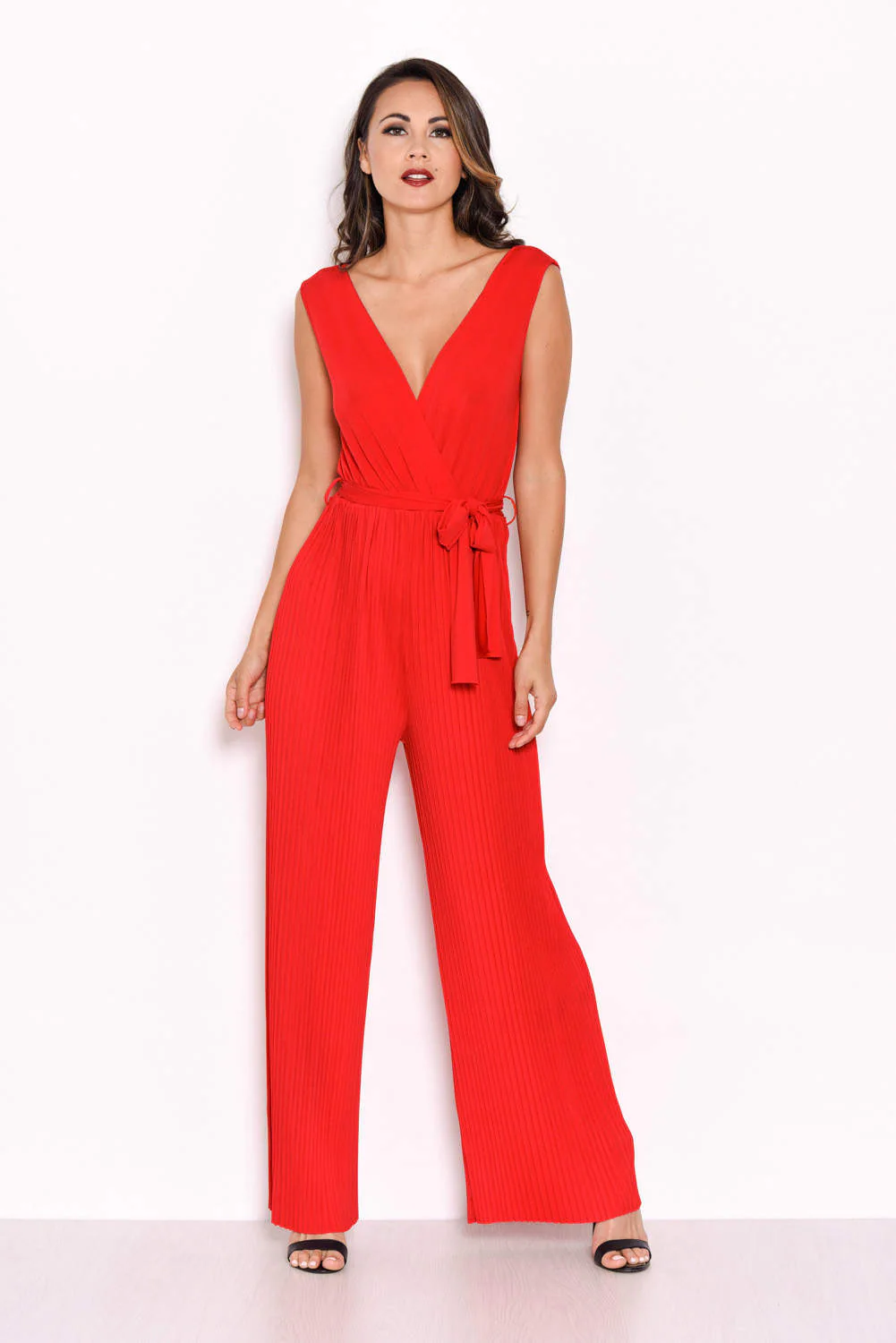 Red Pleated Tie-Waist Jumpsuit - Image 4