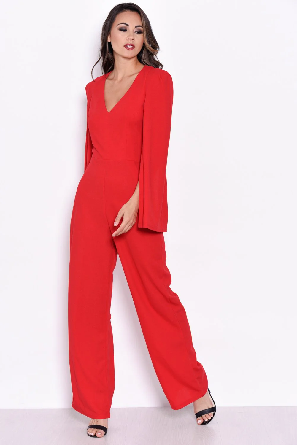 Red Plunge Wide Leg Jumpsuit - Image 2