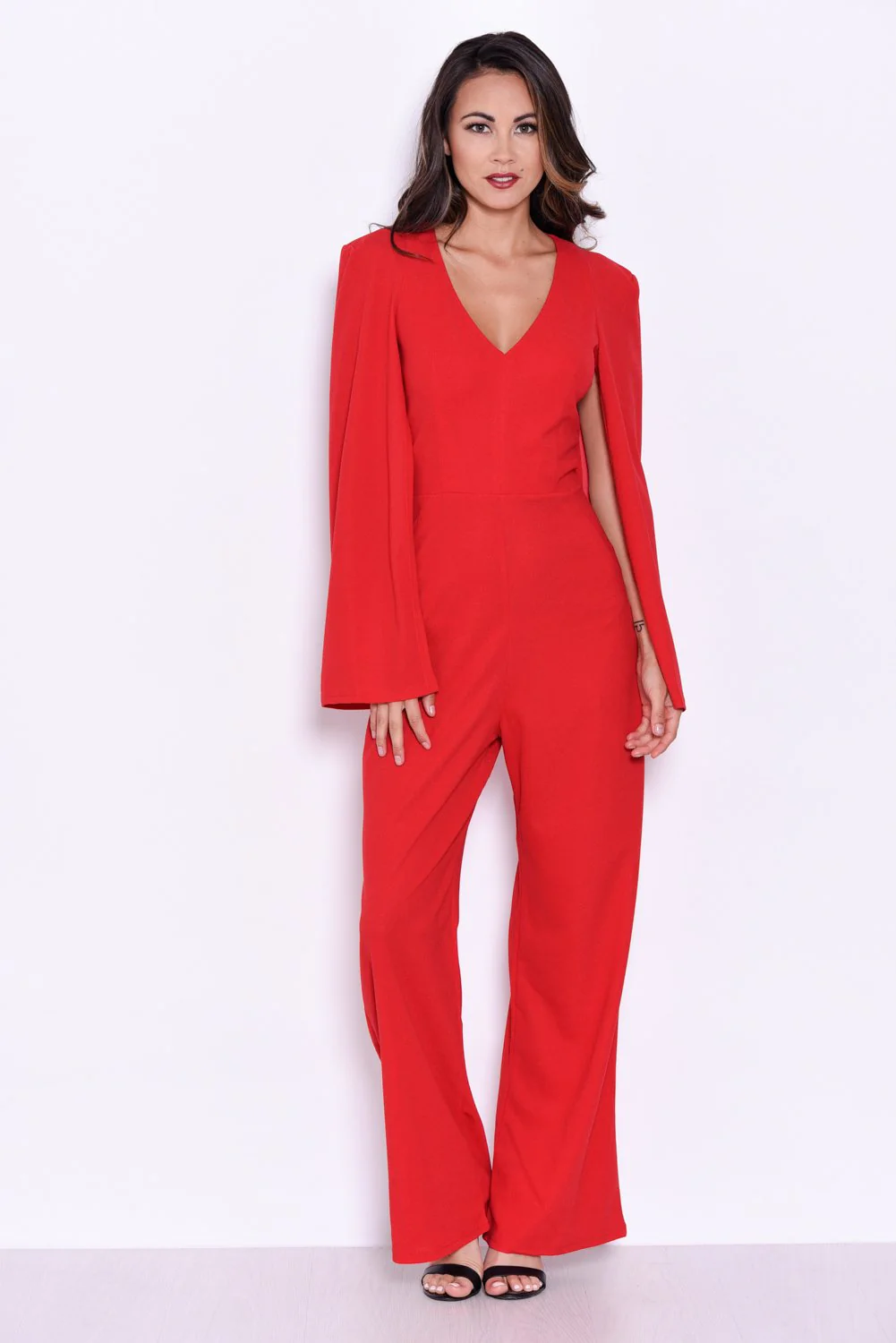 Red Plunge Wide Leg Jumpsuit - Image 3