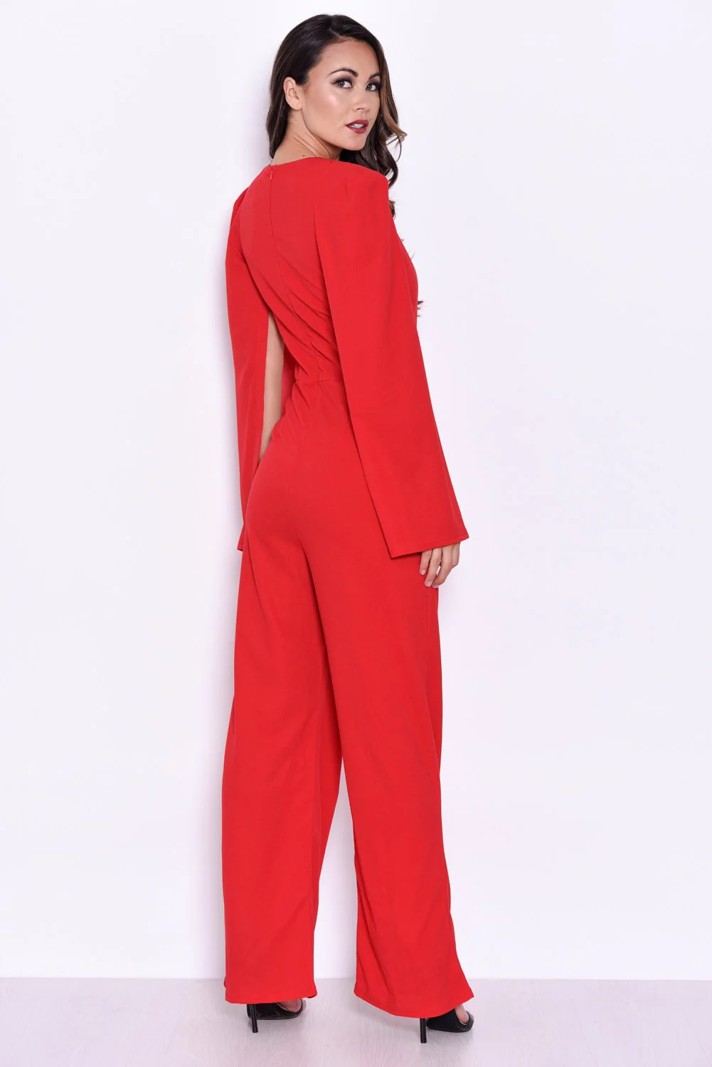 Red Plunge Wide Leg Jumpsuit - Image 4