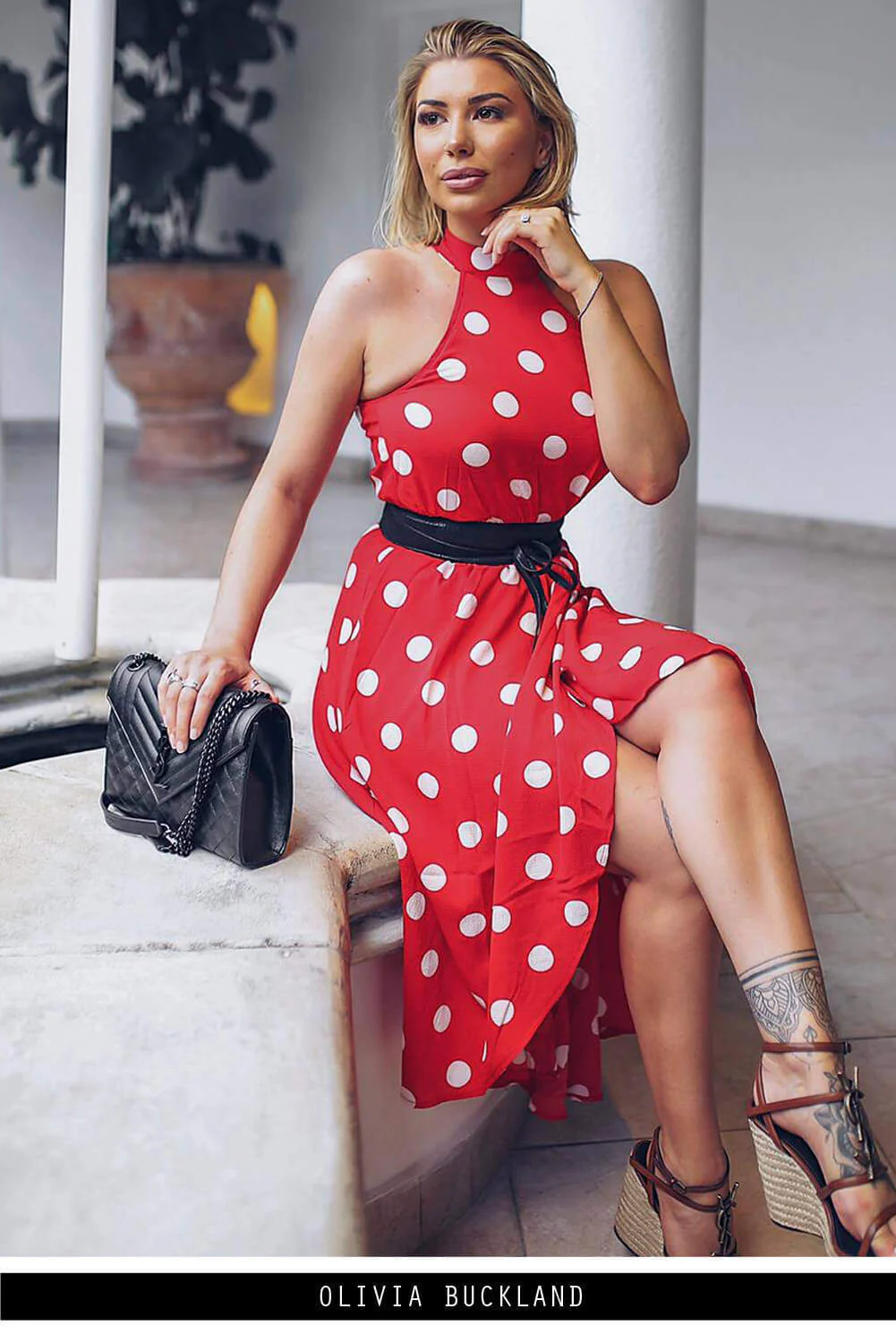 Red Polka Dot High Neck Wrap Dress - Image 2