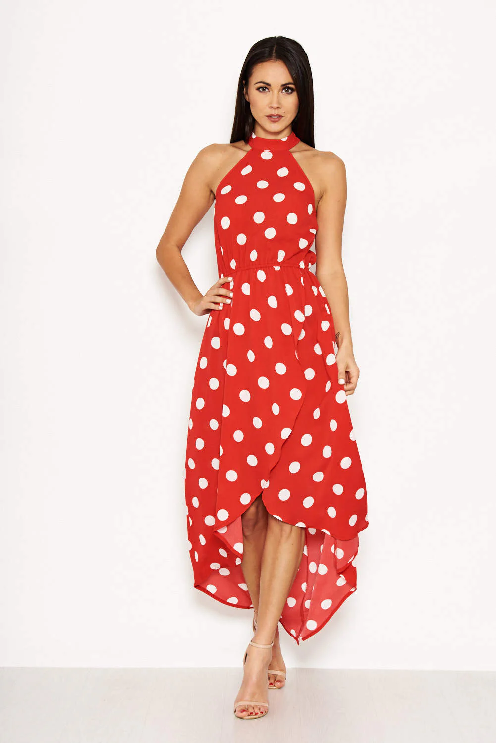 Red Polka Dot High Neck Wrap Dress - Image 3