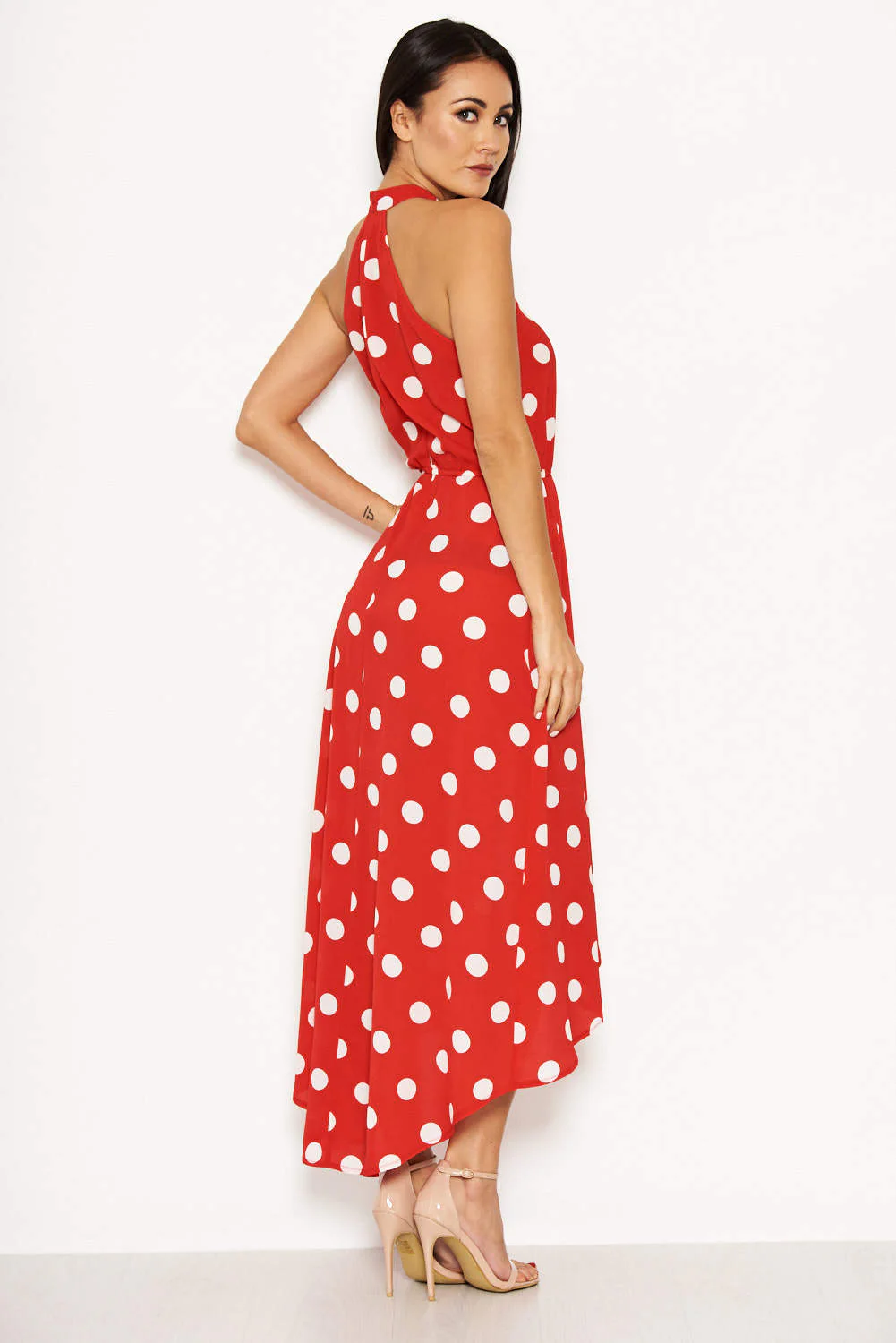 Red Polka Dot High Neck Wrap Dress - Image 4