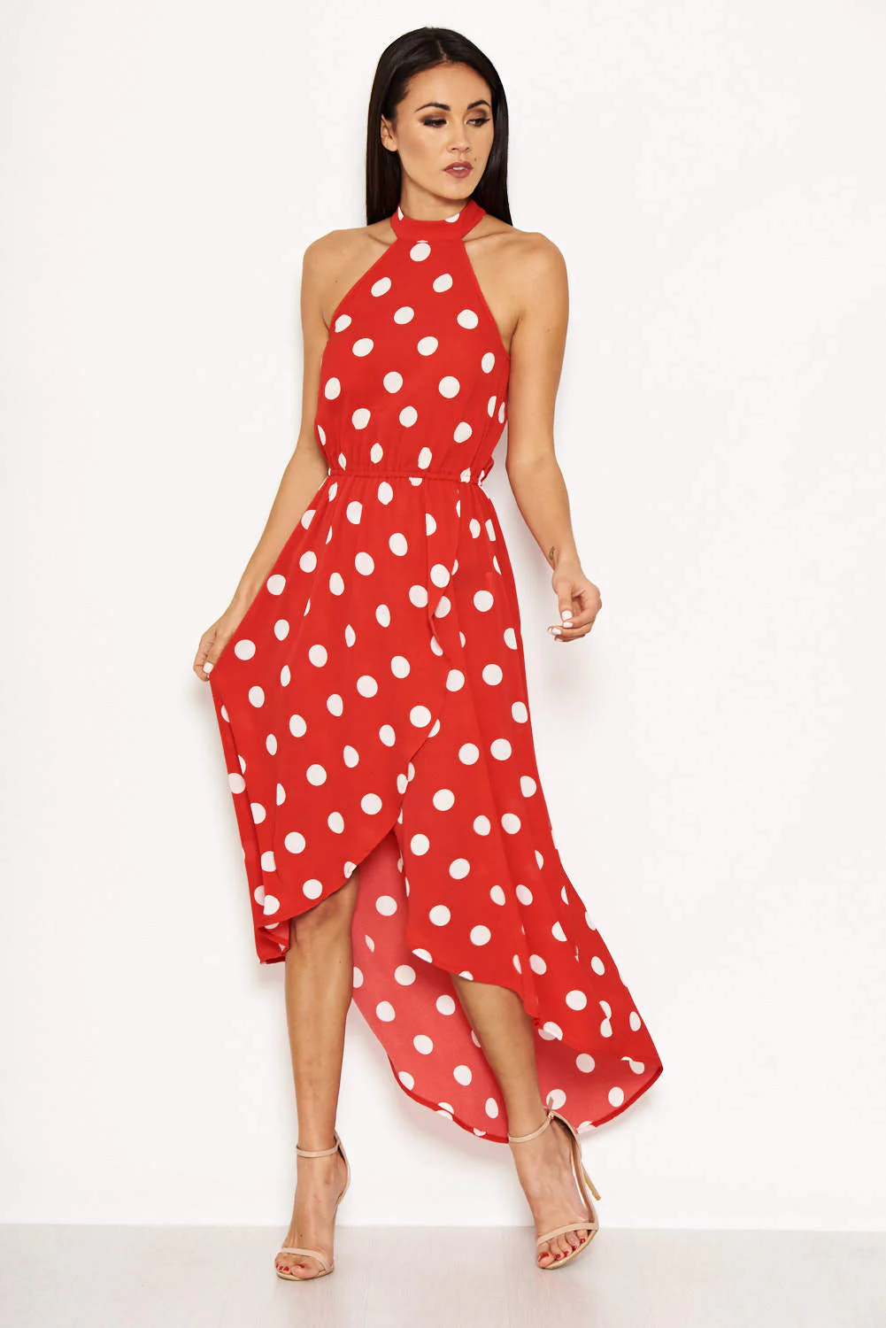 Red Polka Dot High Neck Wrap Dress - Image 5