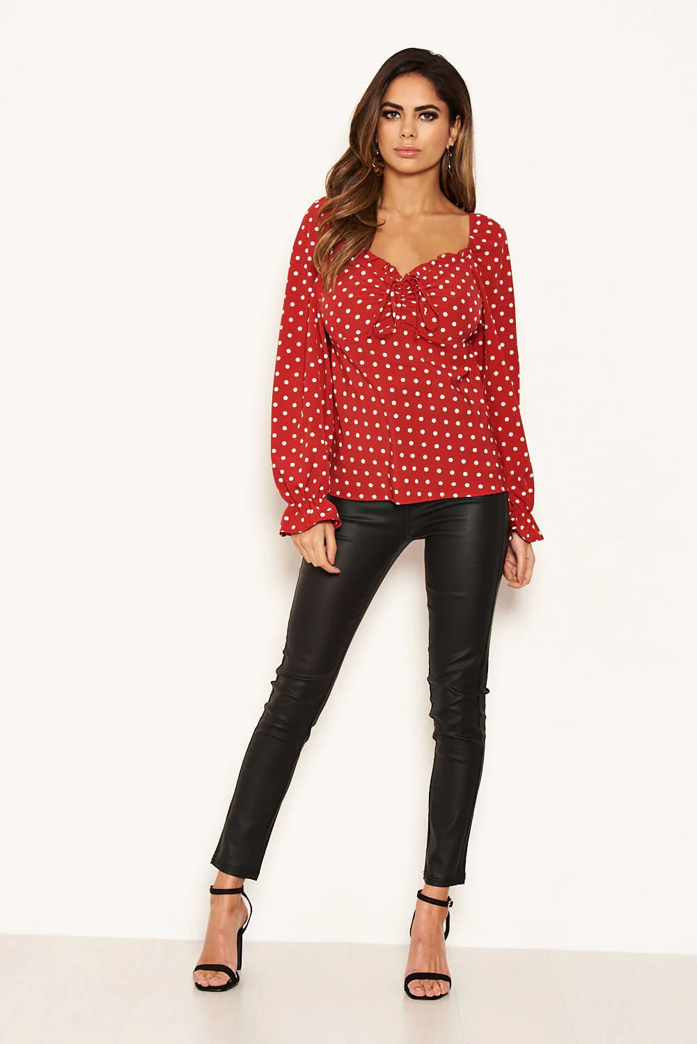 Red Polka Dot Milk Maid Neck Long Sleeve Top - Image 3