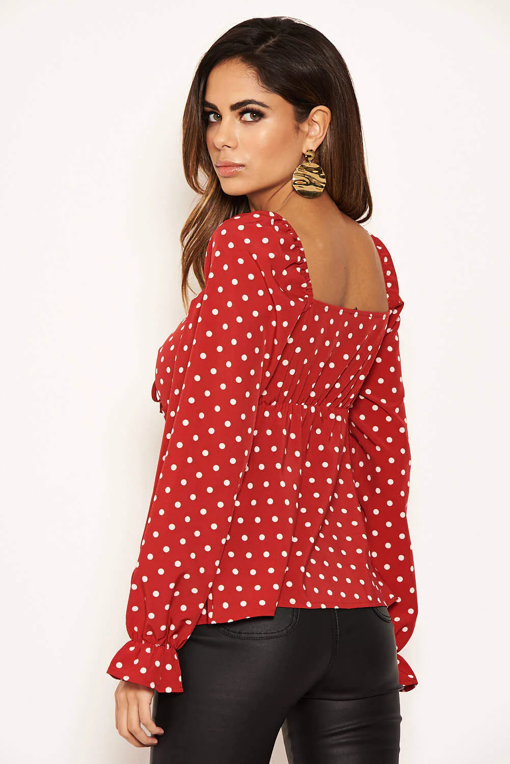 Red Polka Dot Milk Maid Neck Long Sleeve Top - Image 4