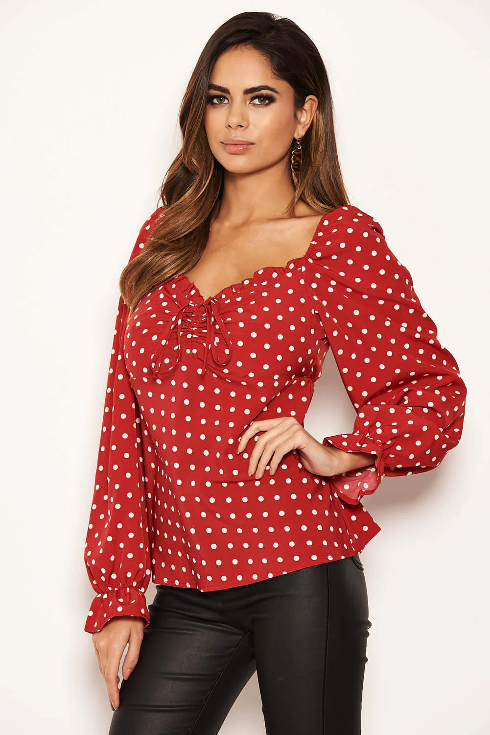 Red Polka Dot Milk Maid Neck Long Sleeve Top - Image 6