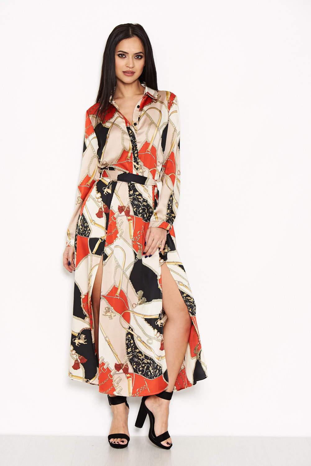 Red Printed Long Sleeve Shirt Dress - Image 2