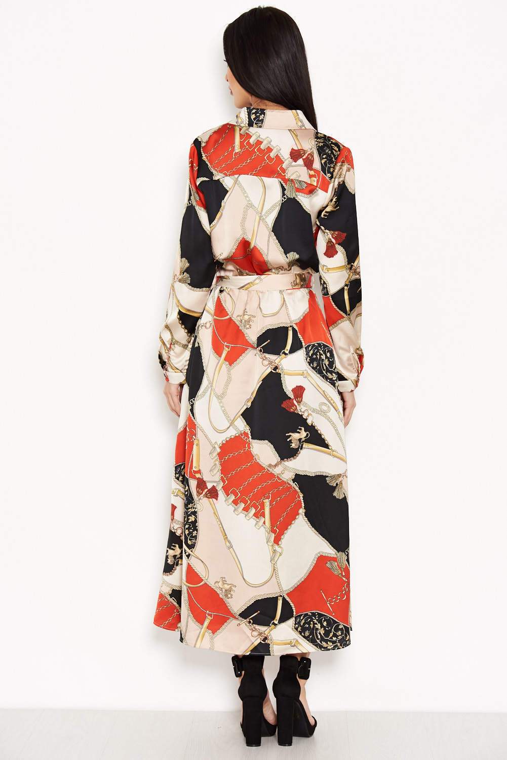 Red Printed Long Sleeve Shirt Dress - Image 3