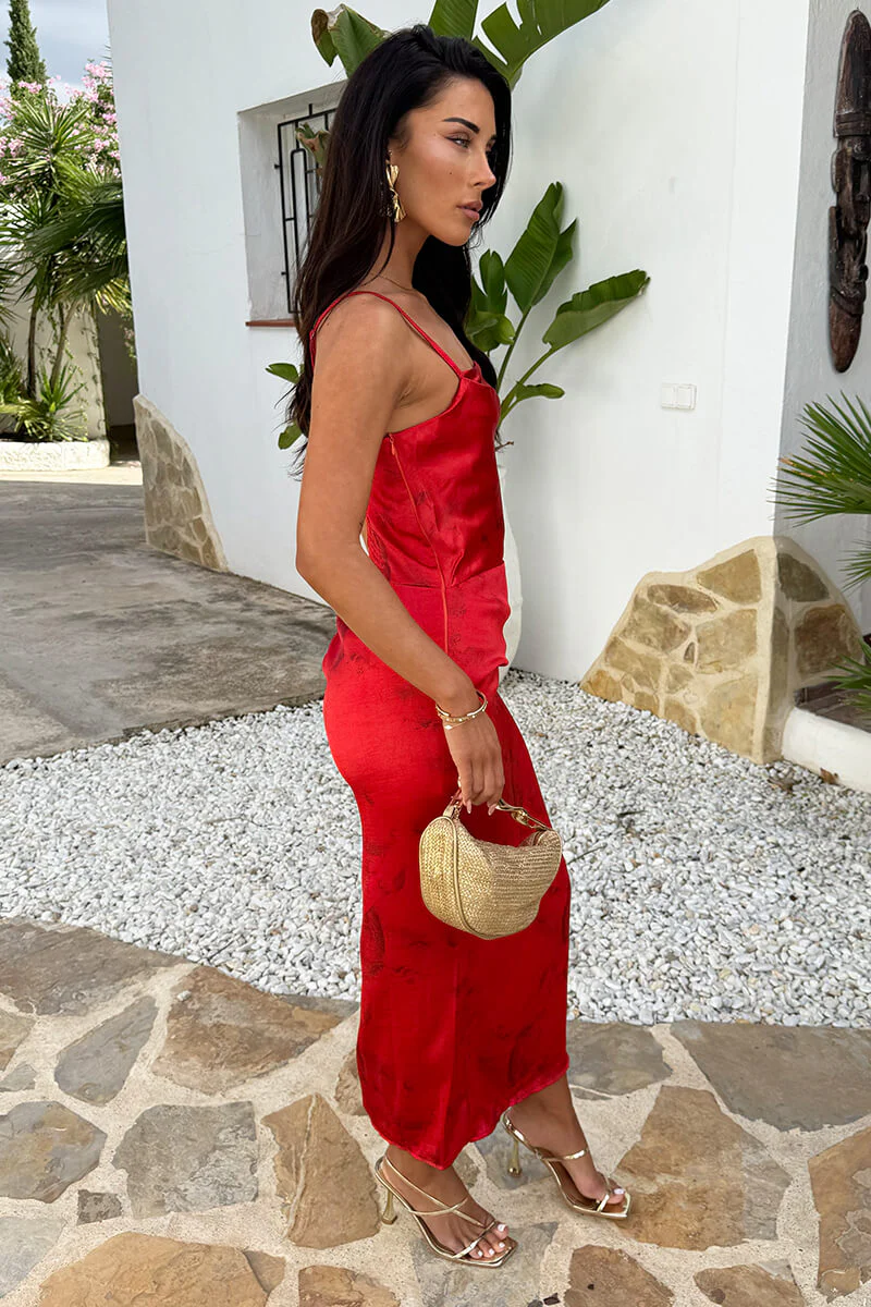 Red Printed Ruched Side Strappy Midi Dress - Image 4