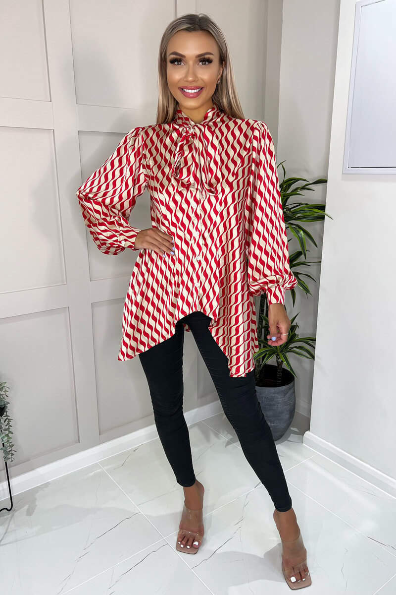 Red Printed Tie Neck Shirt - Image 3