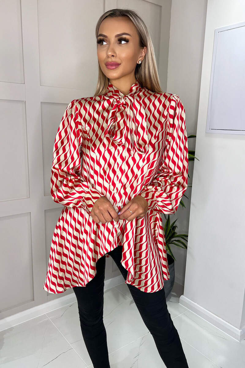 Red Printed Tie Neck Shirt - Image 4