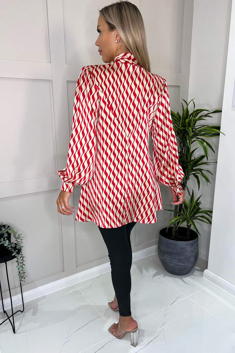 Red Printed Tie Neck Shirt - Image 5