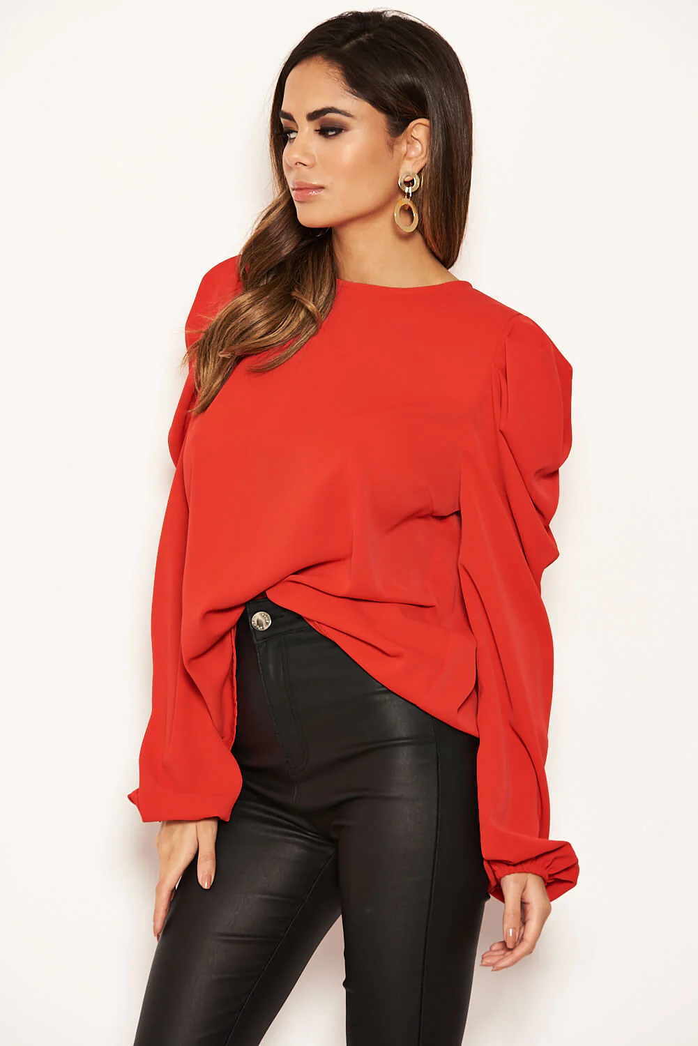 Red Puff Sleeve Loose Fit Top - Image 5