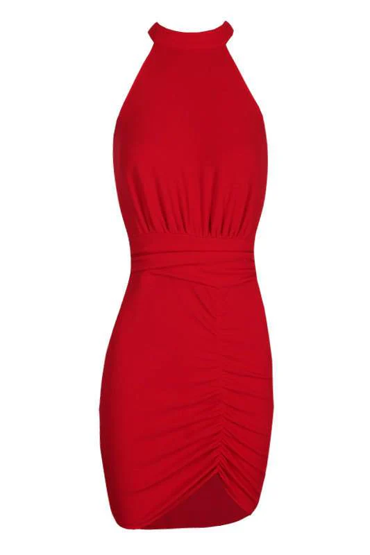 Red Ruched Backless Choker Neck Dress - Image 4